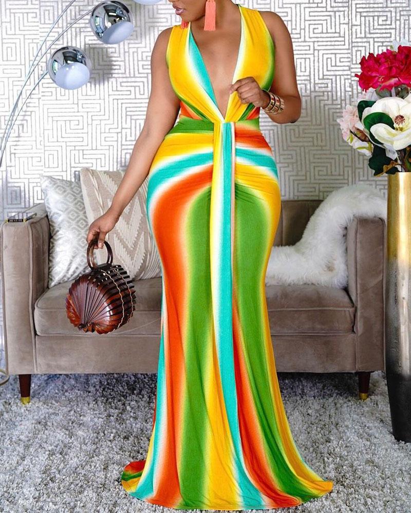 Plus Size Ombre Deep V-Neck Sleeveless Maxi Dress