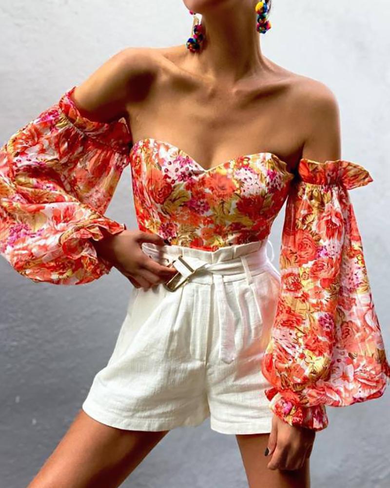 

Floral Print Lantern Sleeve Off Shoulder Top, Orange
