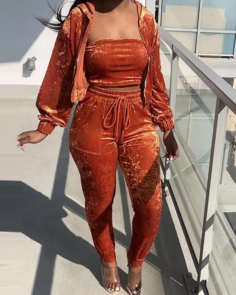 

Velvet Bandeau Top & Drawstring Pants Set With Hooded Coat, Orange
