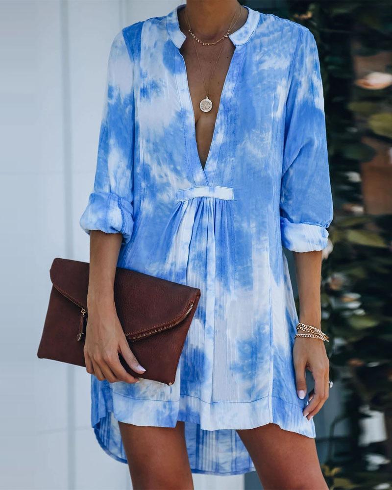 

Tie Dye Print Ruched Plunge Long Sleeve Dress, Blue