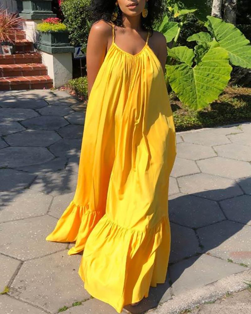 

V-Neck Sleeveless Ruched Maxi Dress, Yellow