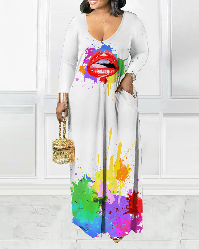

Plus Size Ink Splash Lip Print Long Sleeve Maxi Dress, White