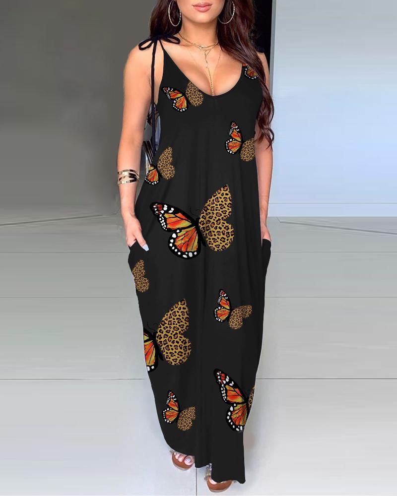 

Pocket Design Butterfly Cheetah Print Maxi Dress, Black