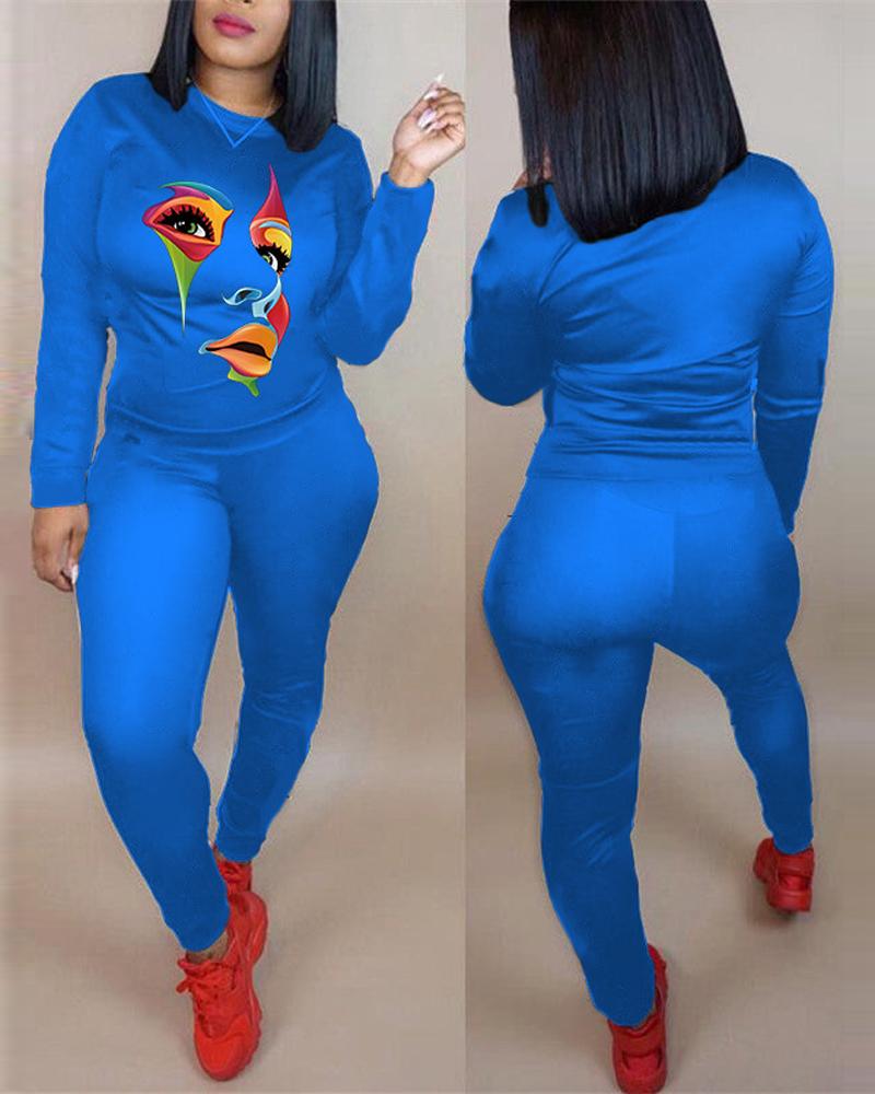 

Plus Size Figure Print Long Sleeve Top & Pants Set, Blue