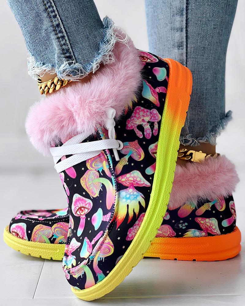 

Christmas Colorful Mushroom Figure Print Fuzzy Detail Lined Ankle Boots, Multicolor