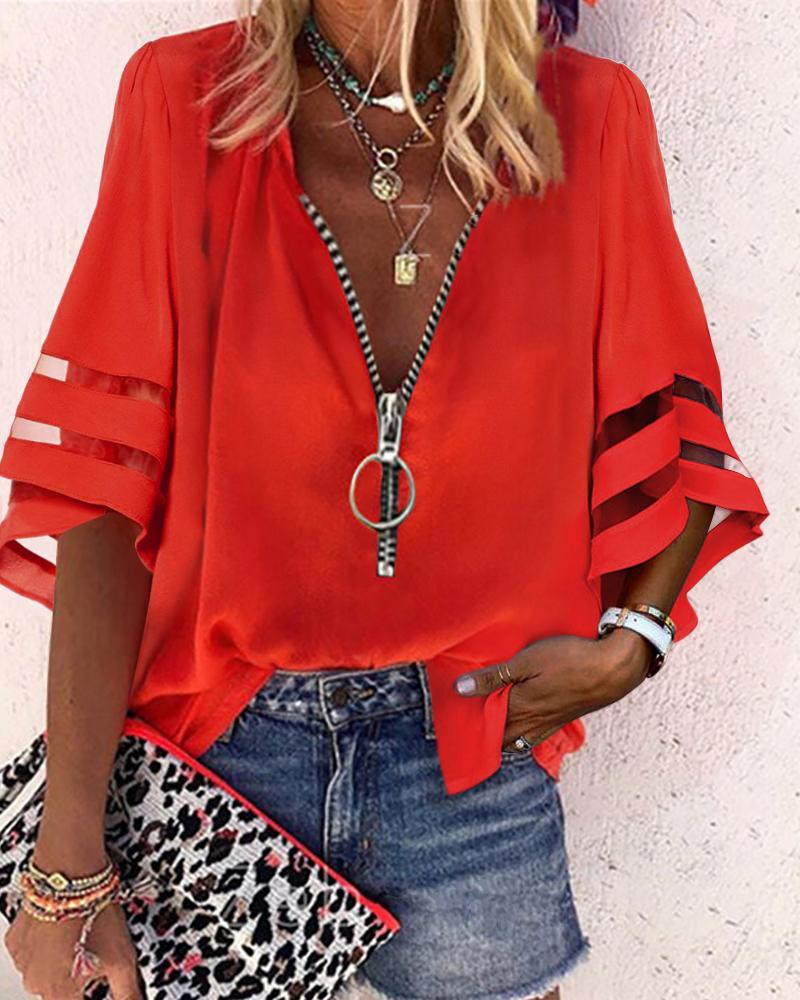 

Loose Zip Front Lantern Sleeve Plain Top, Red