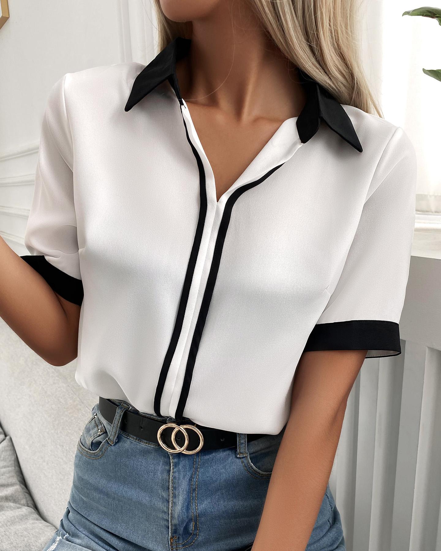 

Colorblock Short Sleeve Casual Top, White