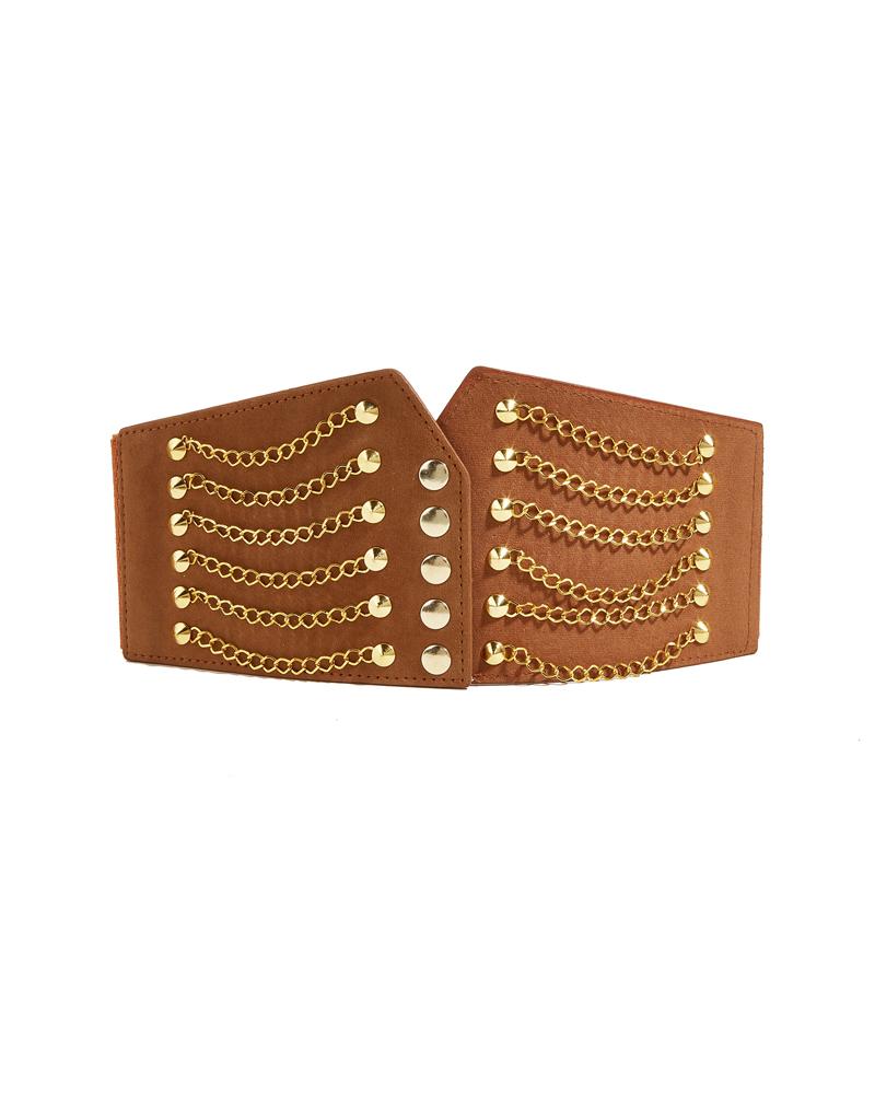 

1pc Studded Chain Decor Elastic Wide Belt, Brown