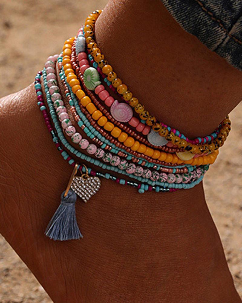 

1pcs Stackable Beaded Colorblock Heart Tassel Anklets Set, Style1