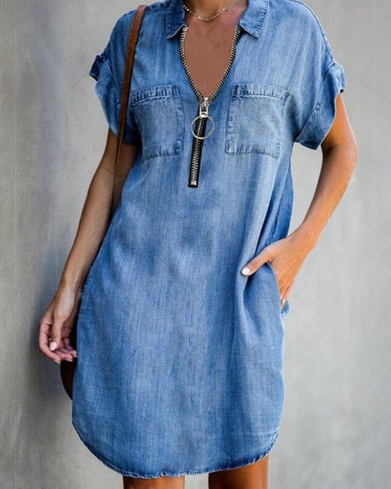 

Zipper Front Short Sleeve Denim Top, Blue