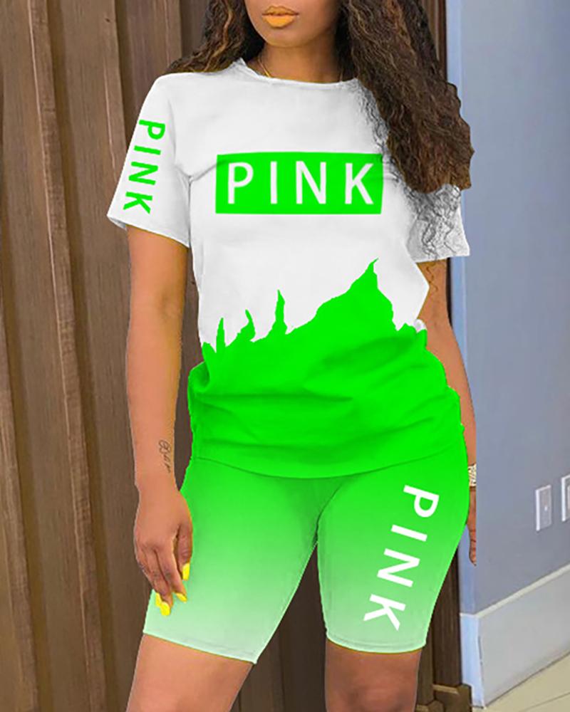 

Letter Print Colorblock Short Sleeve Active Sets, Green