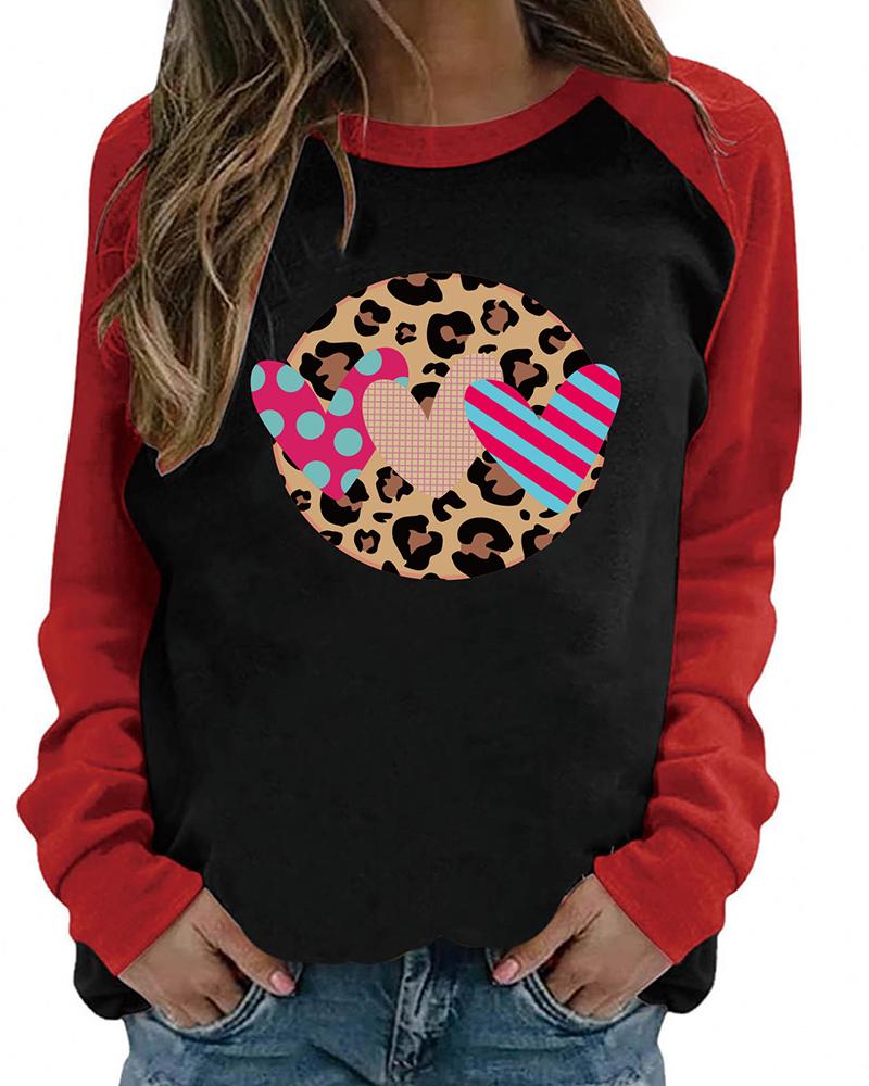 

Valentine's Day Heart Print Colorblock Long Sleeve Top, Style3