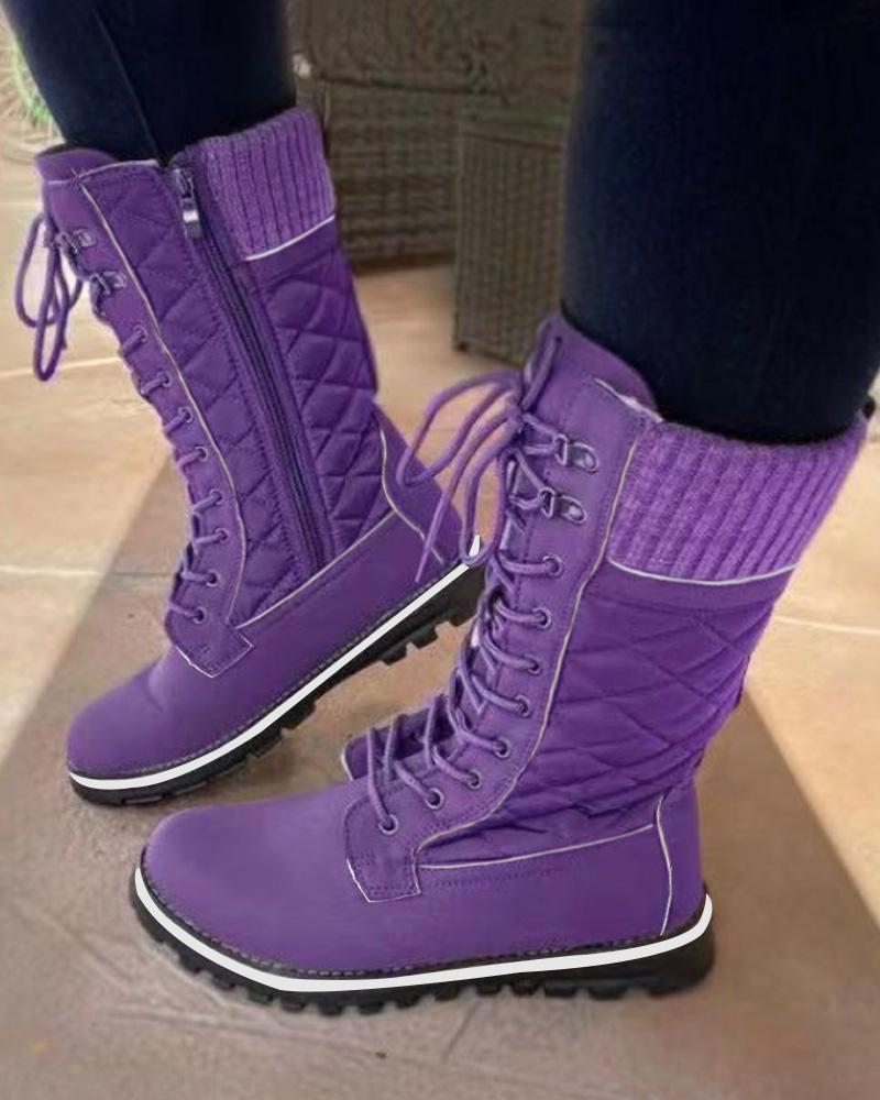 

Quilted Lace-up Side Zipper Martin Boots, Purple