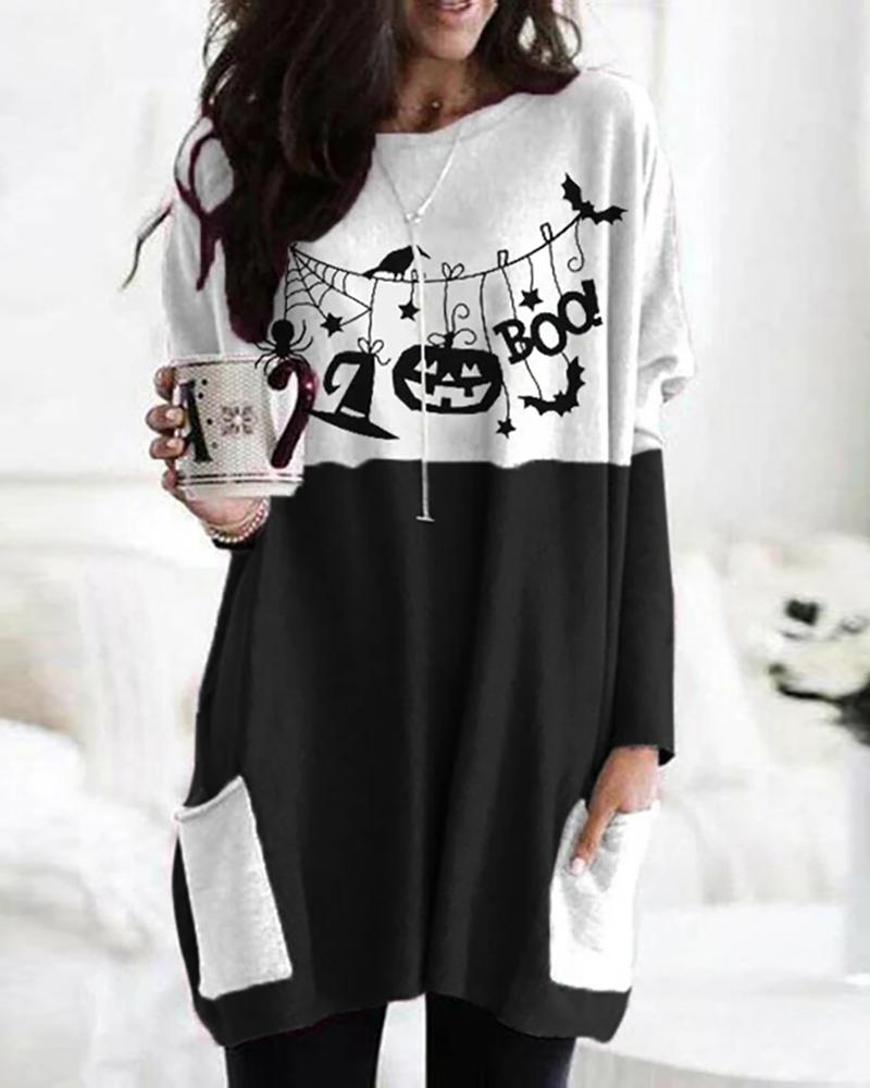

Halloween Letter Pumpkin Print Colorblock Top, Black