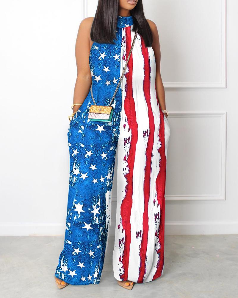 

Independence Day Flag Print Wide Leg Jumpsuit, Blue