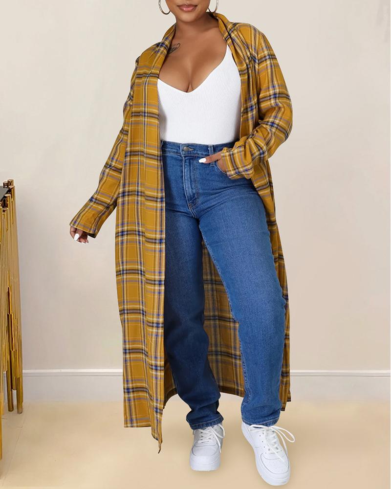 

Plaid Print Long Sleeve Open Front Maxi Dress, Yellow
