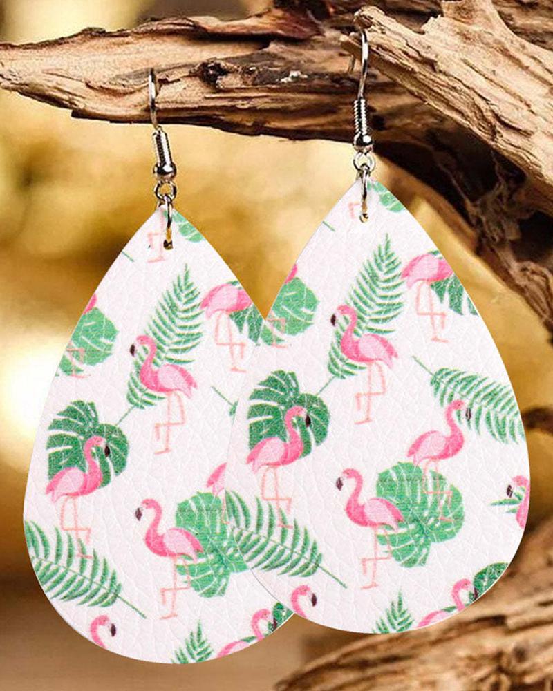 

1Pair Flamingo Palm Leaf Print WaterDrop Hook Earrings, White
