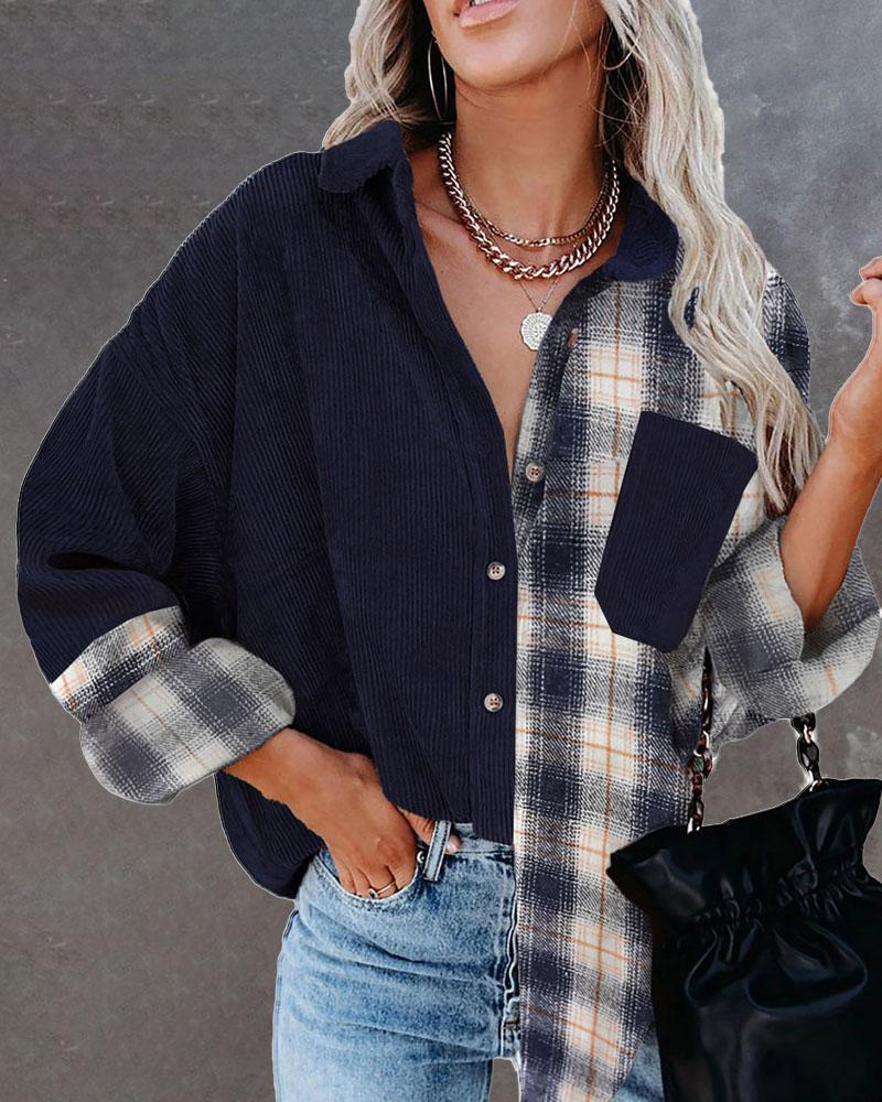 

Plaid Print Patchwork Button Down Corduroy Shacket, Purplish blue