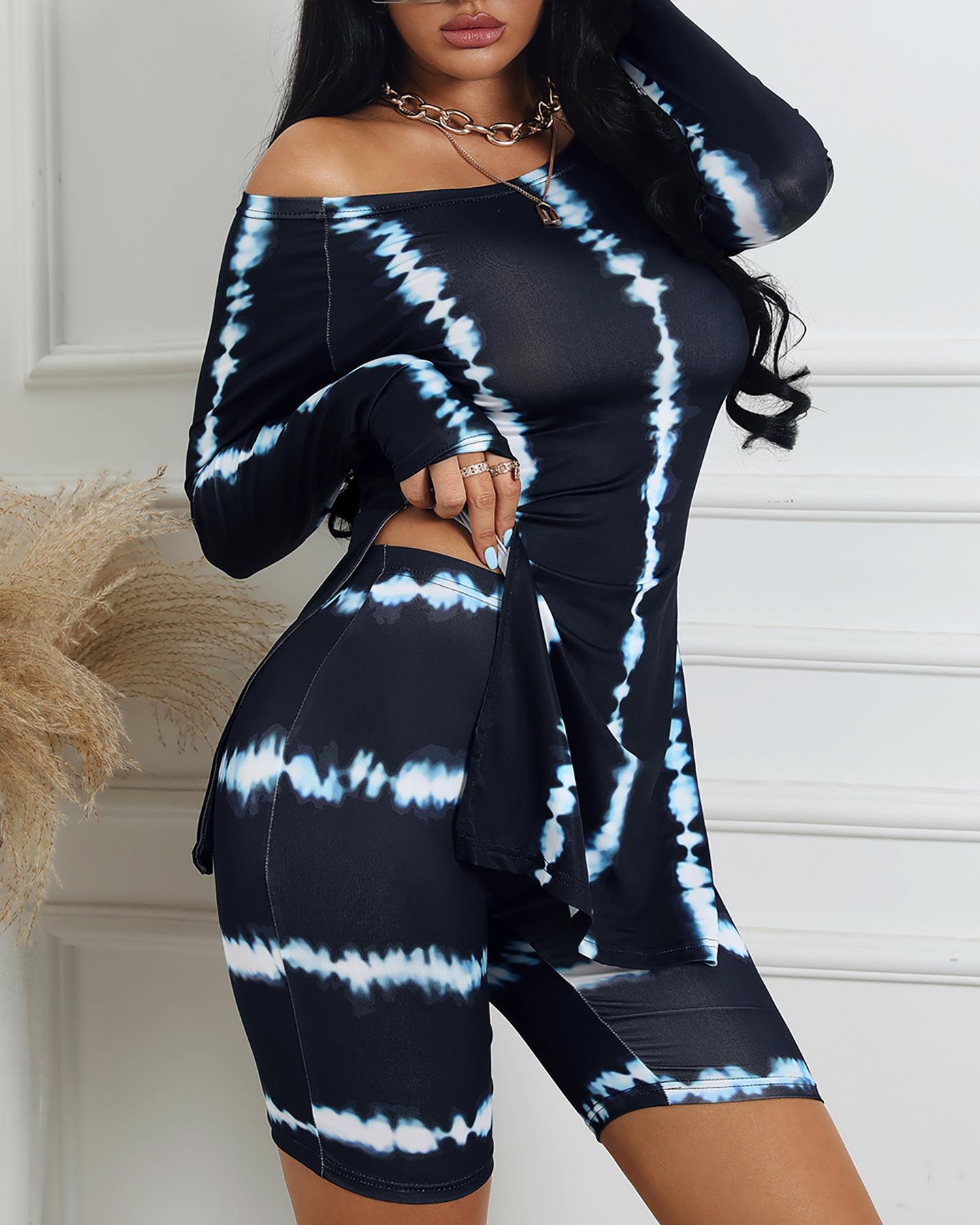 

Tie Dye Print Slit Long Sleeve Top & Shorts Set, Black