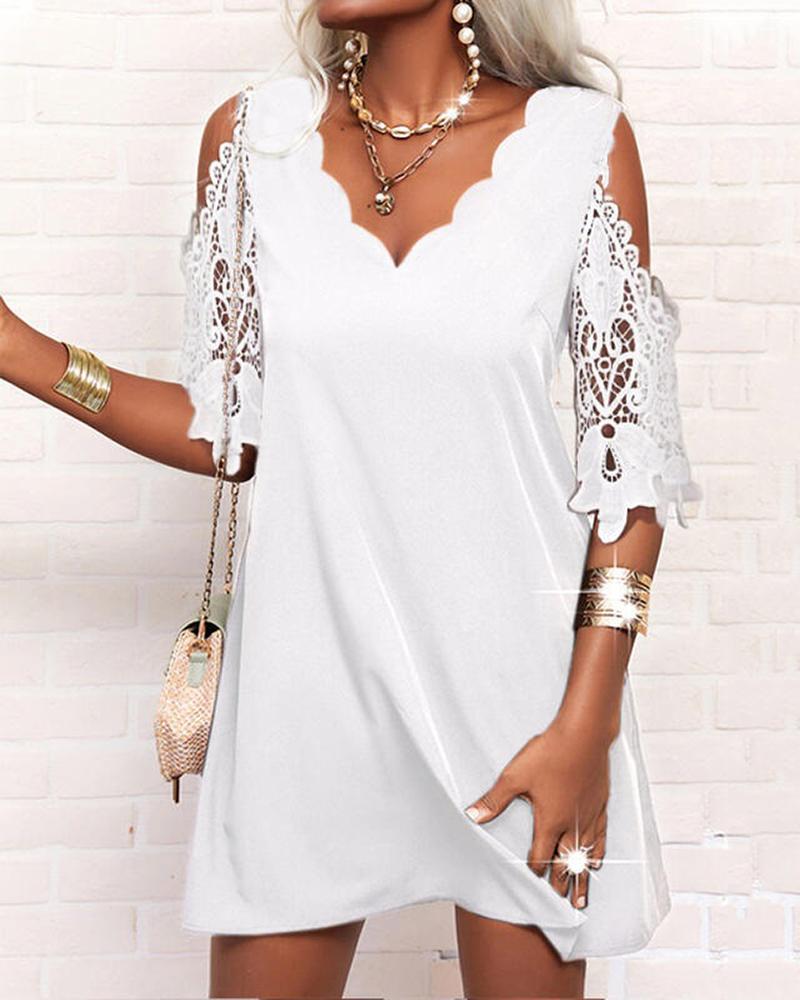 

Cold Shoulder Lace Patch Casual Dress, White