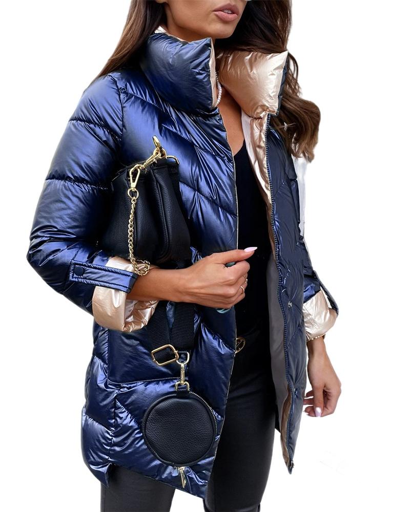 

Quilted Stand Collar Zipper Design Puffer Coat, Blue
