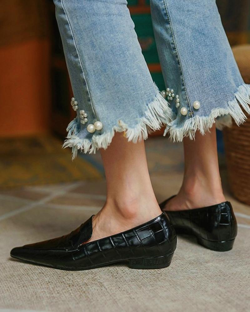 

Square Toe Croc Embossed Loafers, Black