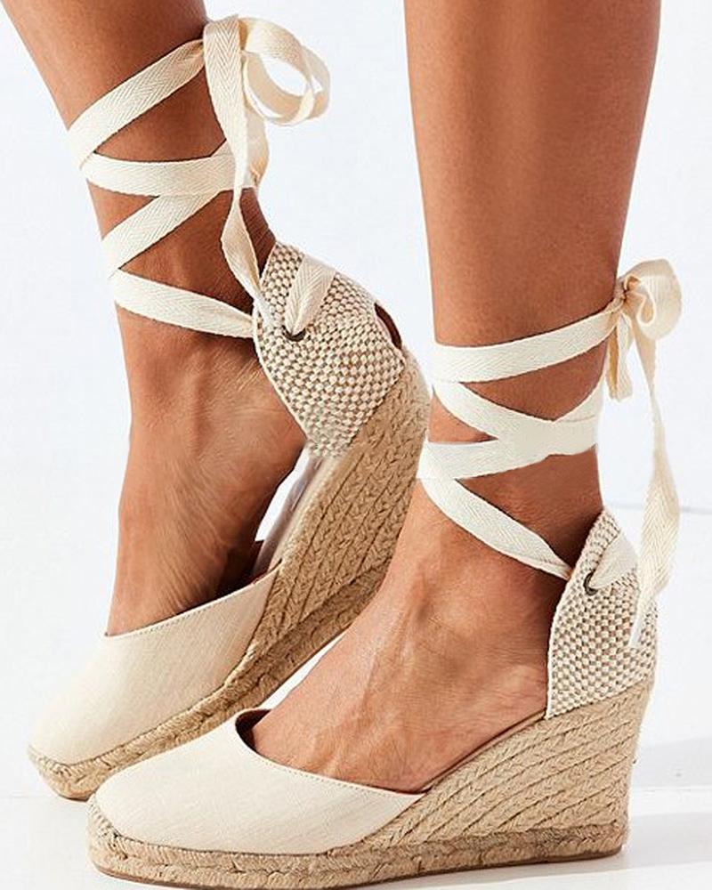 

Lace-up Woven Flax Wedding Guest Wedge Sandals, Beige