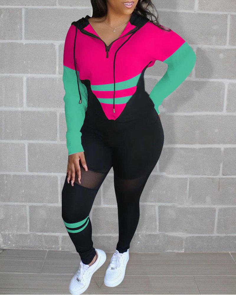 

Colorblock Zip Detail Long Sleeve Top & Pants Set, Hot pink