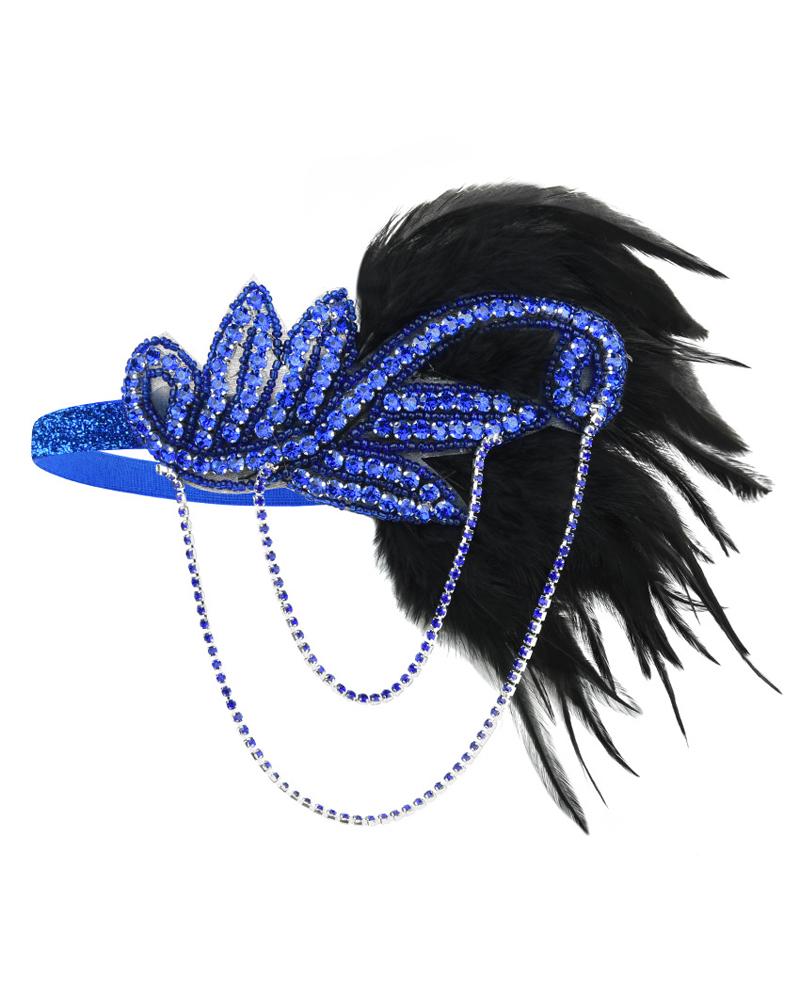 

Rhinestone Feather Headpiece Flapper Headbands 1920s Luxury Jewelry Gatsby Party Flapper Girl Showgirl Hair Costume Accessories, Blue