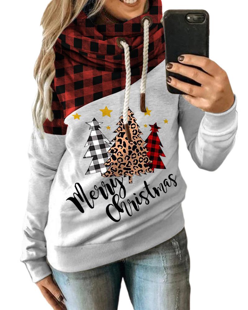 

Christmas Plaid Letter Tree Print Hooded Top, Red