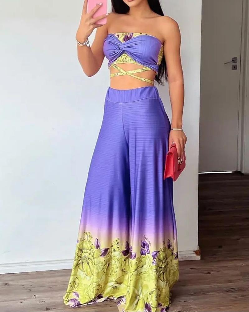 

Floral Print Twist Crop Tube Top & Ombre Wide Leg Pants Set, Purple