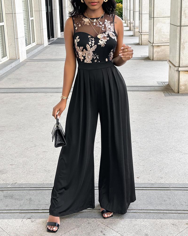 

Contrast Sequin Floral Pattern Wide Leg Jumpsuit, Black