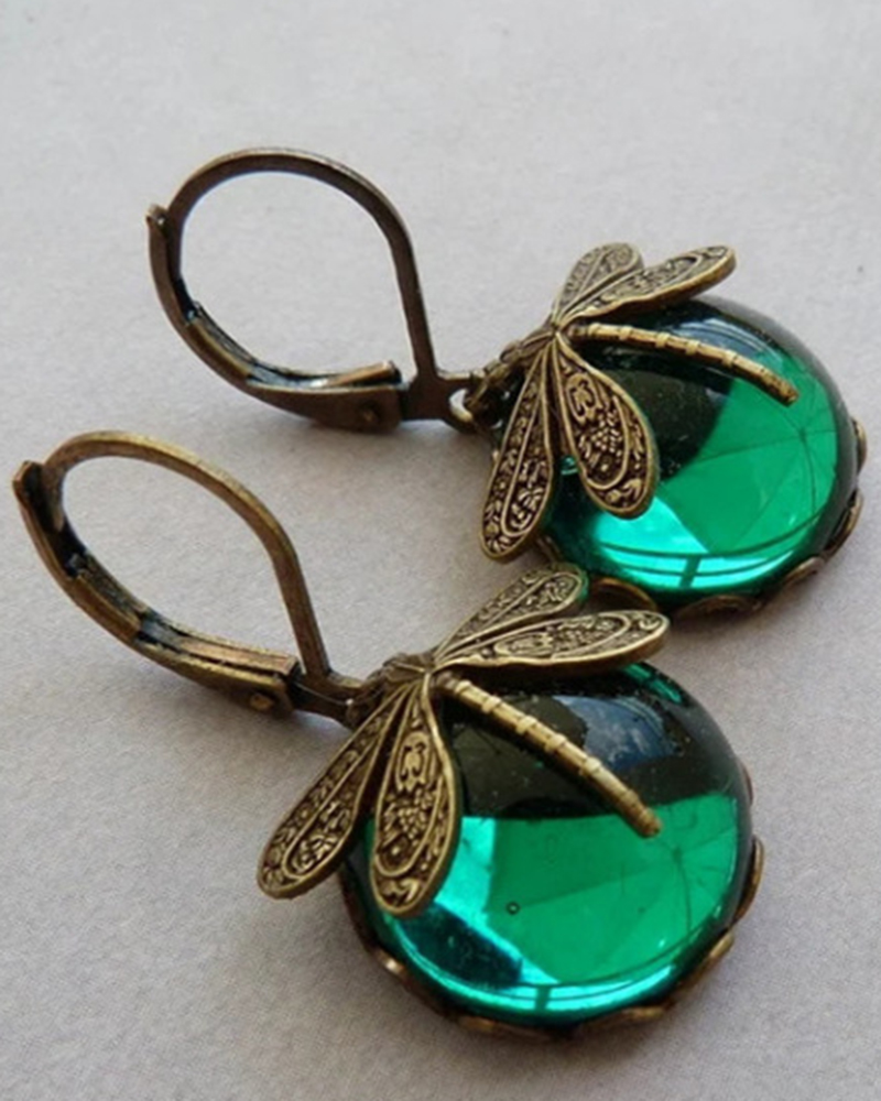 

1Pair Vintage Metal Dragonfly Earrings Inky Blue Moonstone Brass Glass Cabochon Victorian Gifts, Green