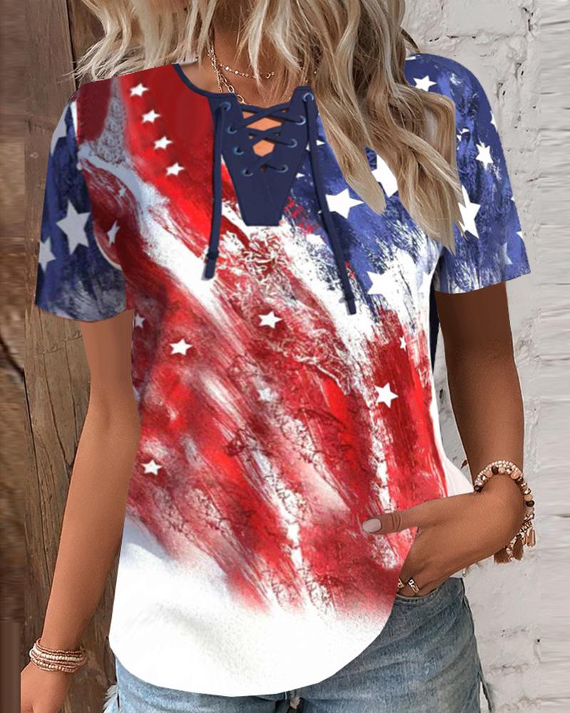 

Independence Day Flag Print Notch Neck Lace-up Top, Multicolor