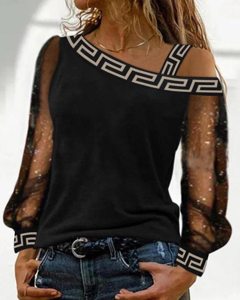 

Geo Trim Contrast Mesh Cold Shoulder Top, Black