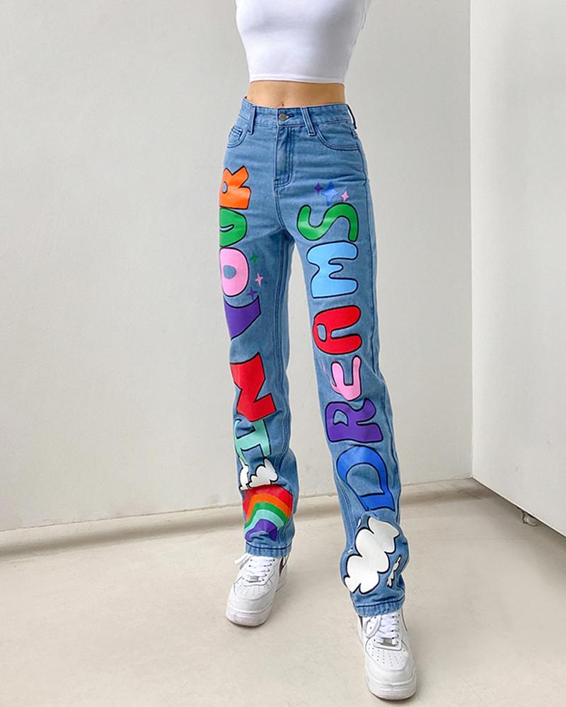 

Letter Graphic Print High Waist Jeans, Blue