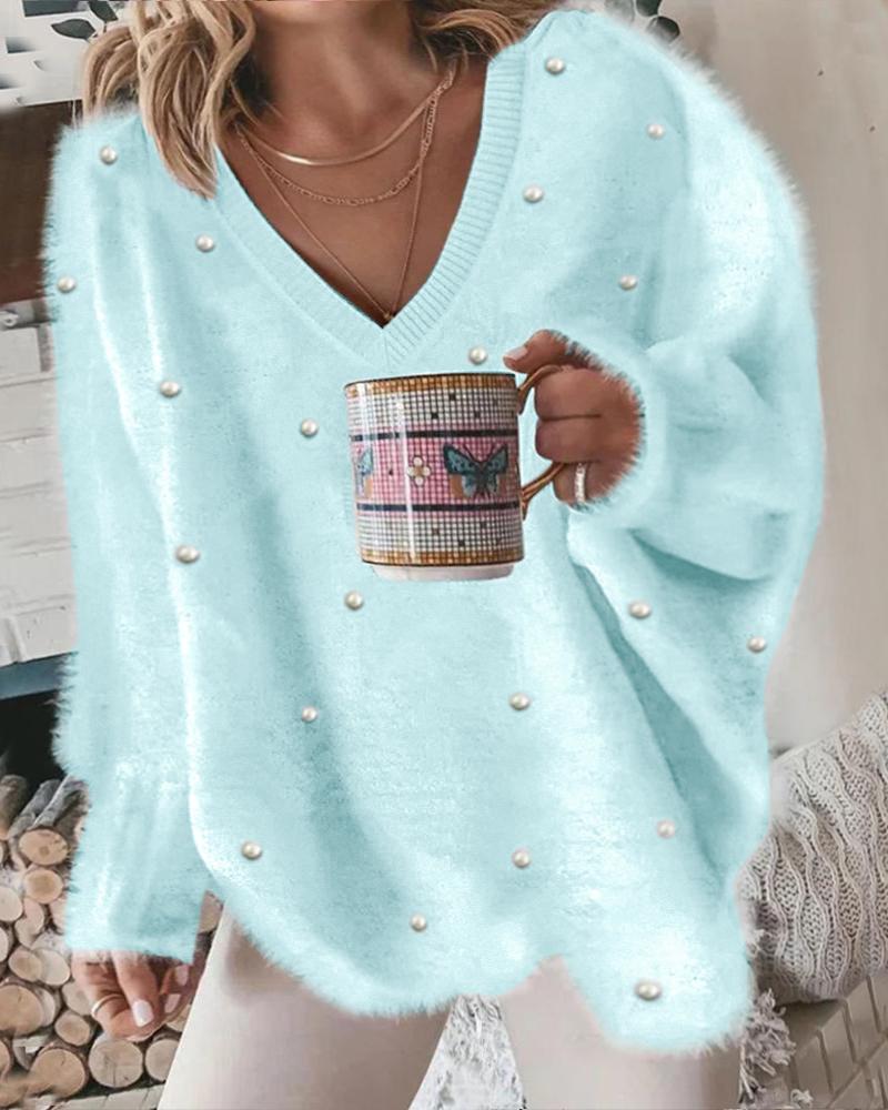 

Plus Size Beaded Decor Long Sleeve Top, Sky blue