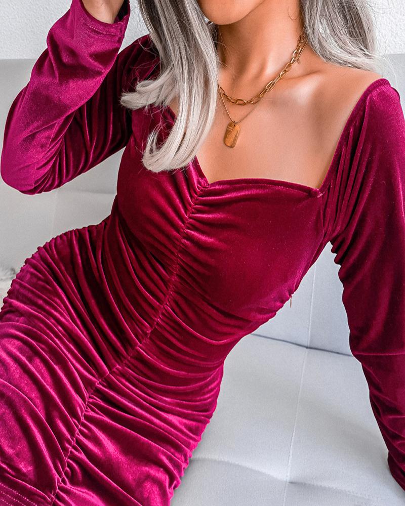 

Velvet Long Sleeve Ruched Skinny Party Dress, Wine red