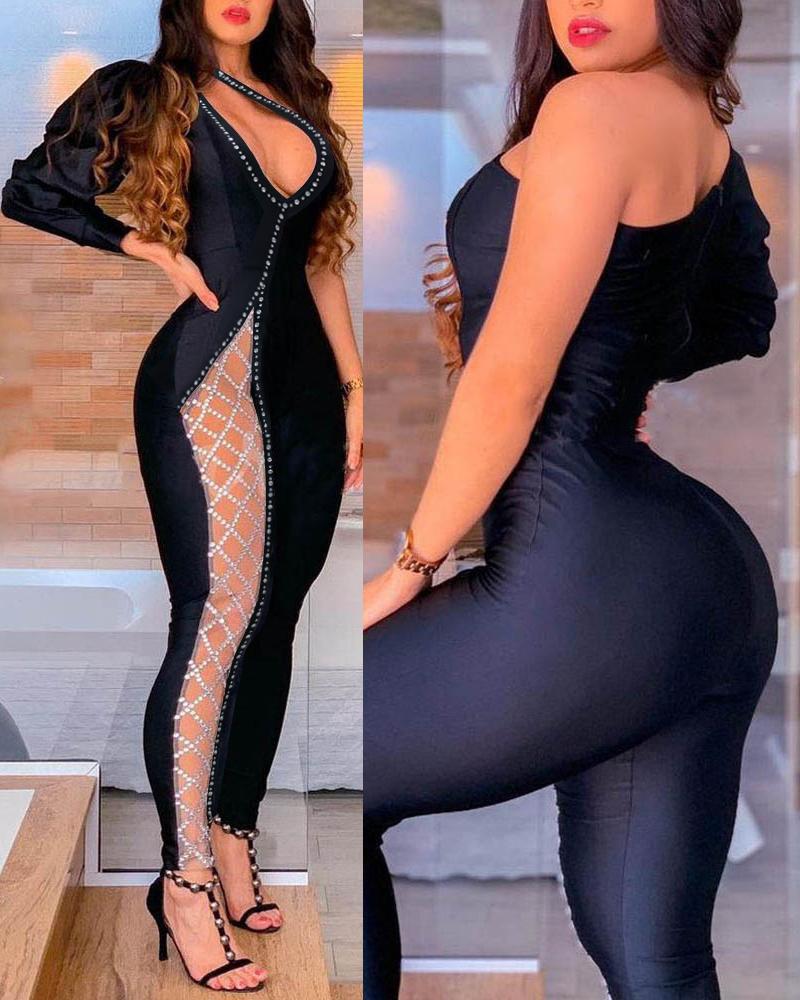 

Rhinestone Decor Hollow-out One Shoulder Jumpsuit, Black