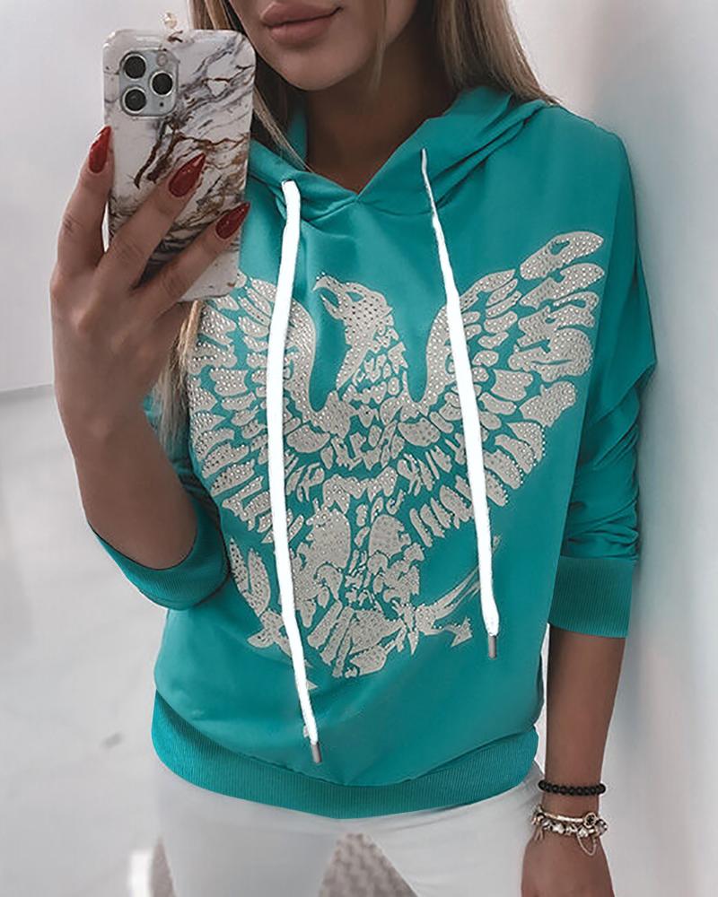 

RECYCLED Eagle Print Rhinestone Hooded Top, Green
