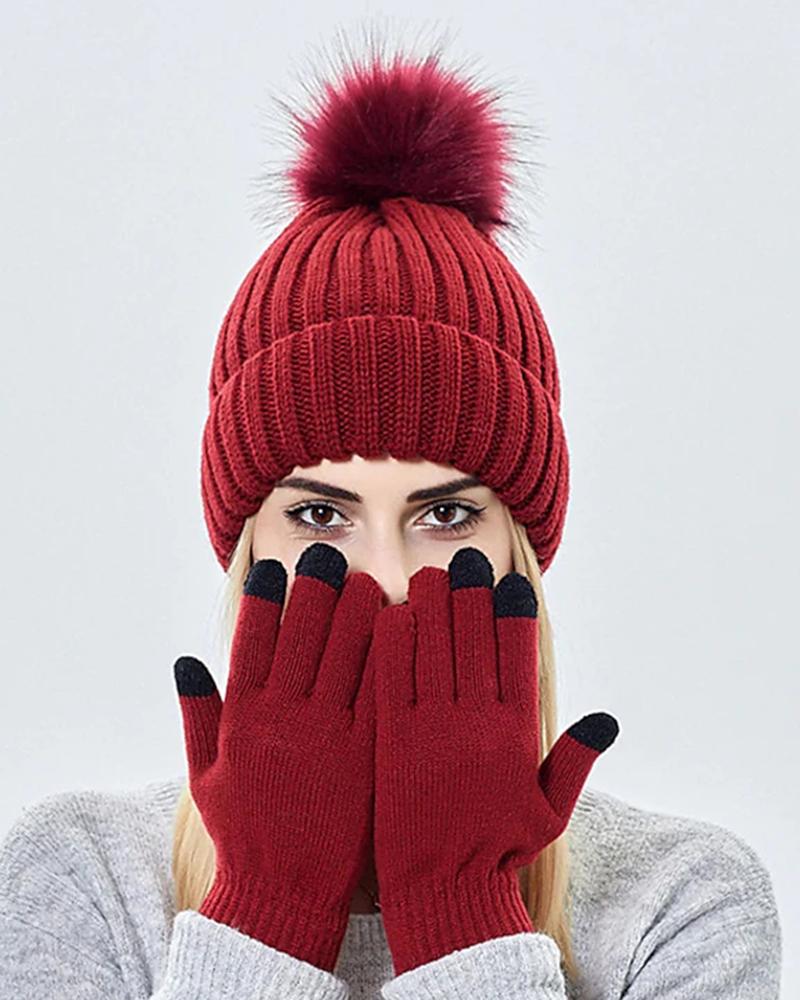 

2PCS Women's Beanie Slouchy Outdoor Home Daily Knit Portable Windproof Comfort Pom Pom Hat & Telefingers Gloves Set, Red