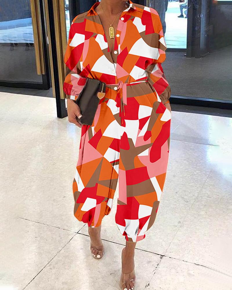 

Plus Size Geo Print Button Front Long Sleeve Jumpsuit, Orange