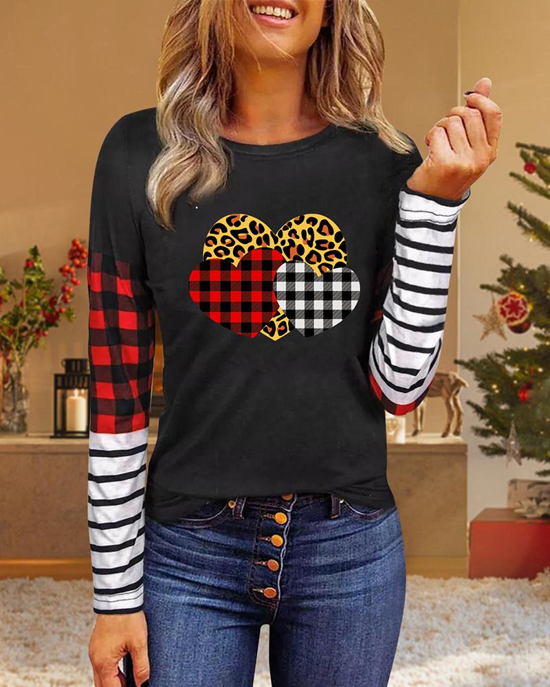 

Valentine' Day Long Sleeve Striped Plaid Heart Print Top, Style3