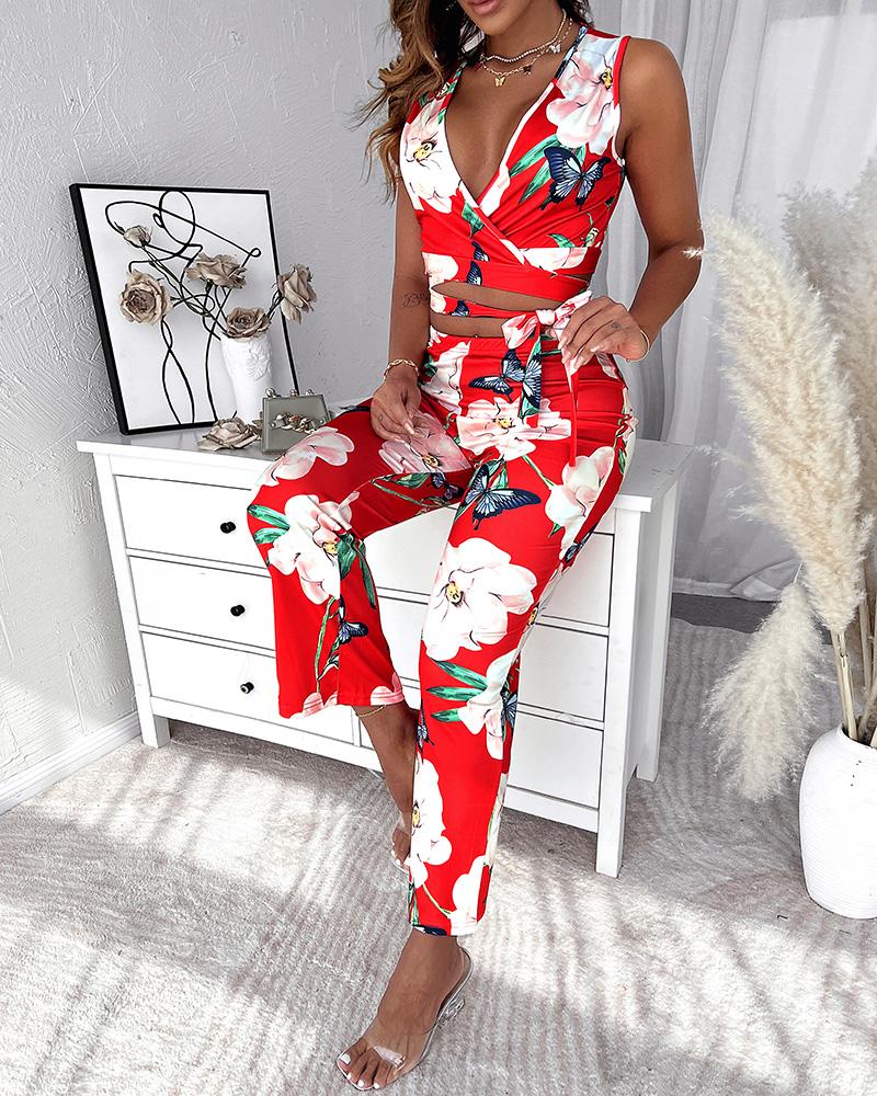 

Cutout Tied Detail Floral Print Tank Top & Pants Set, Red