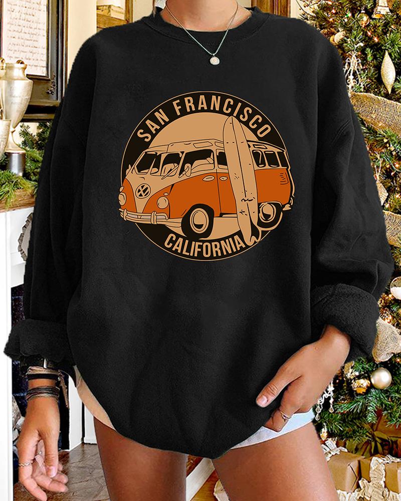 

Round Neck Car Letter Print Sweatshirt, Black