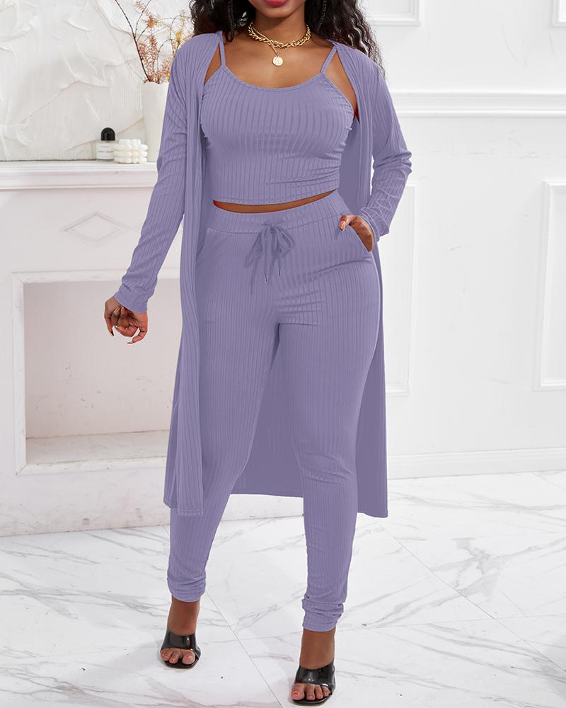 

3PCS Ribbed Cami Top & Pants Set With Longline Coat, Purple