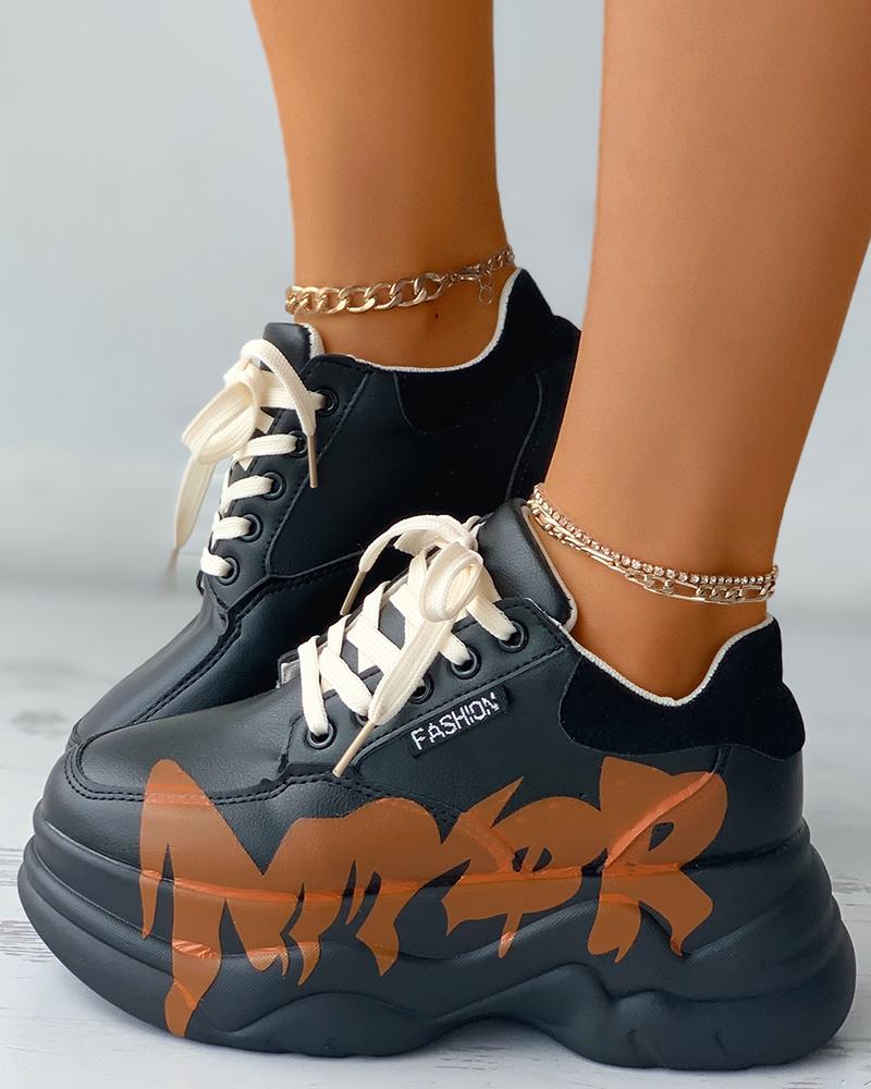 

Letter Print Lace-up Front Muffin Sneakers, Black