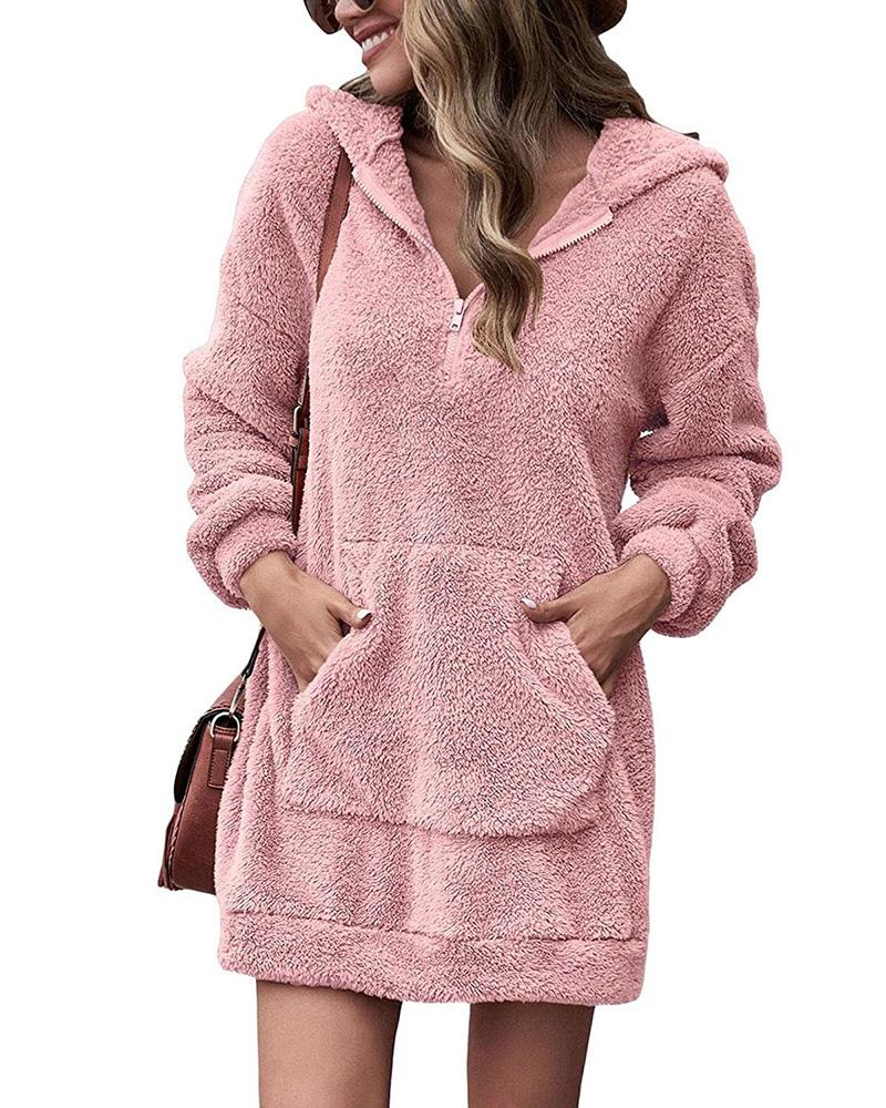 

Fuzzy Pocket Design Hooded Sweatshirt Dress, Pink