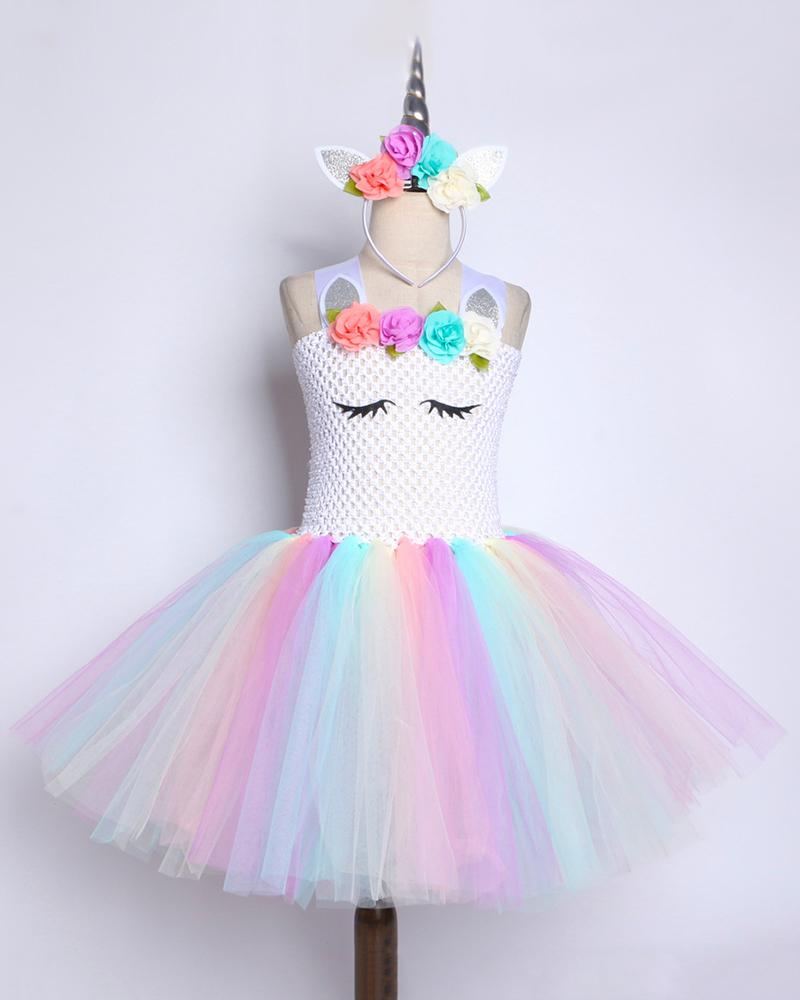 

Unicorn Princess Dress Birthday Party Outfit Halloween Rainbow Colorblock Tutu Dress With Headband, Multicolor