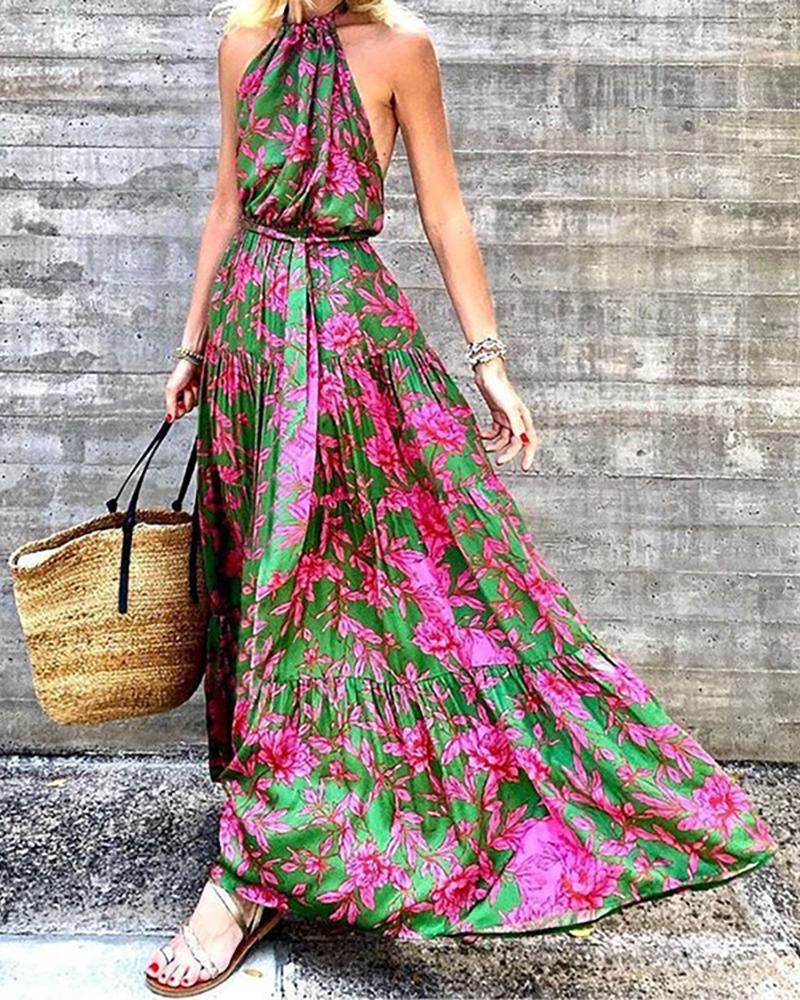 

Floral Print Halter Backless Maxi Swing Dress With Belt, Hot pink